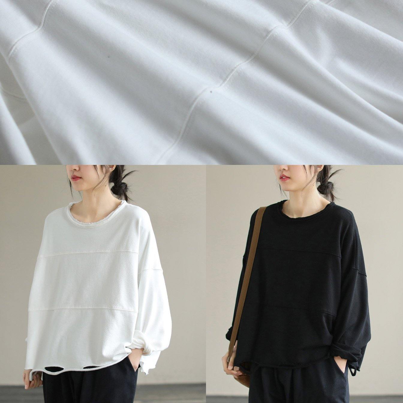 Italian O Neck cotton Spring Tunic pattern pattern Black blouse - SooLinen