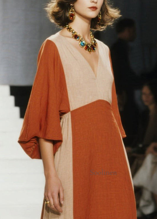 Vestido italiano naranja de algodón con cuello en V y patchwork hasta el tobillo para primavera