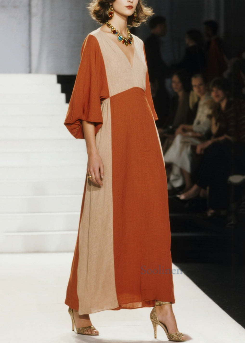 Vestido italiano naranja de algodón con cuello en V y patchwork hasta el tobillo para primavera