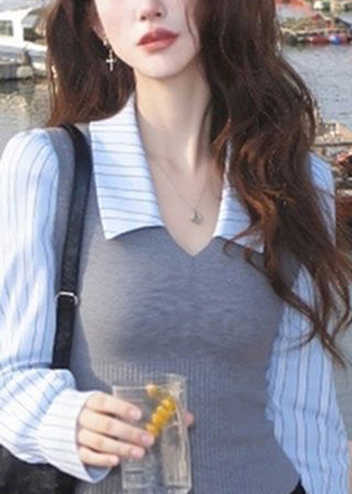 Italienisches Strickhemd mit Peter-Pan-Kragen, Streifen und Patchwork-Muster, Frühling