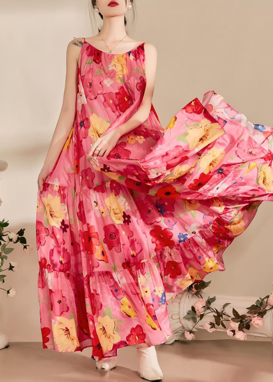 Rückenfreies Spaghettiträgerkleid aus Baumwolle mit italienischem Print in Rosa