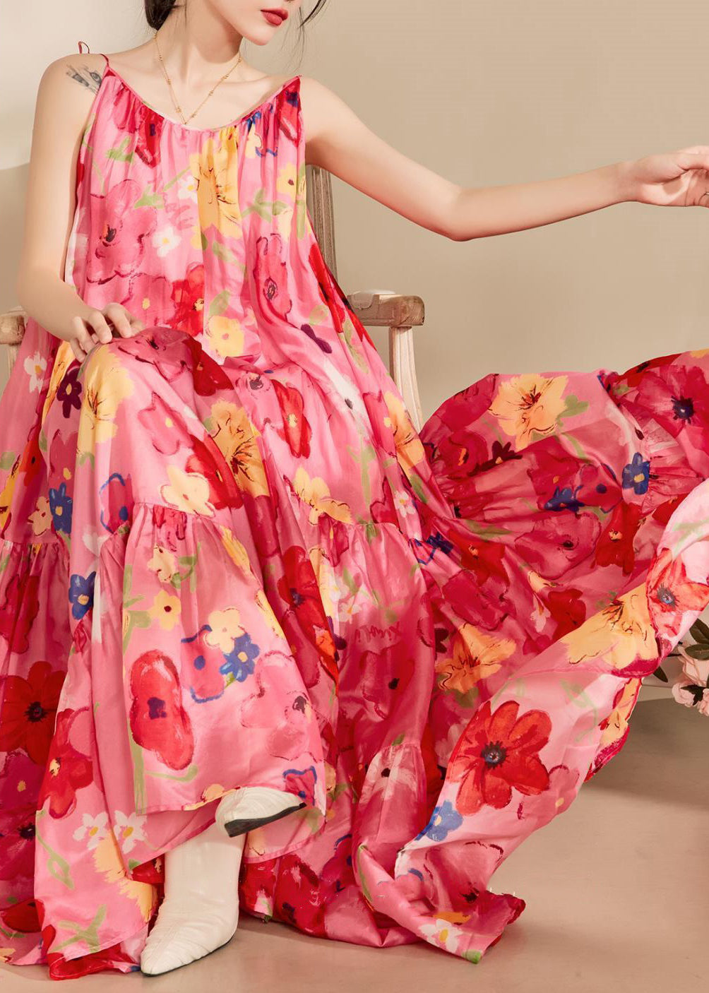 Rückenfreies Spaghettiträgerkleid aus Baumwolle mit italienischem Print in Rosa