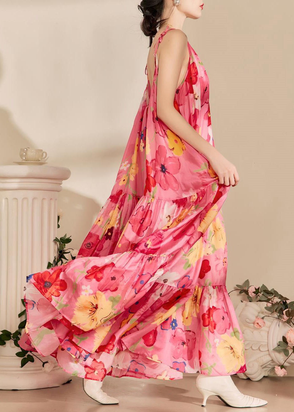 Rückenfreies Spaghettiträgerkleid aus Baumwolle mit italienischem Print in Rosa