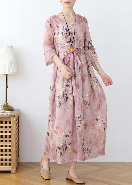 Italian Pink Print Cotton Orientaltie waist Spring Dress - SooLinen