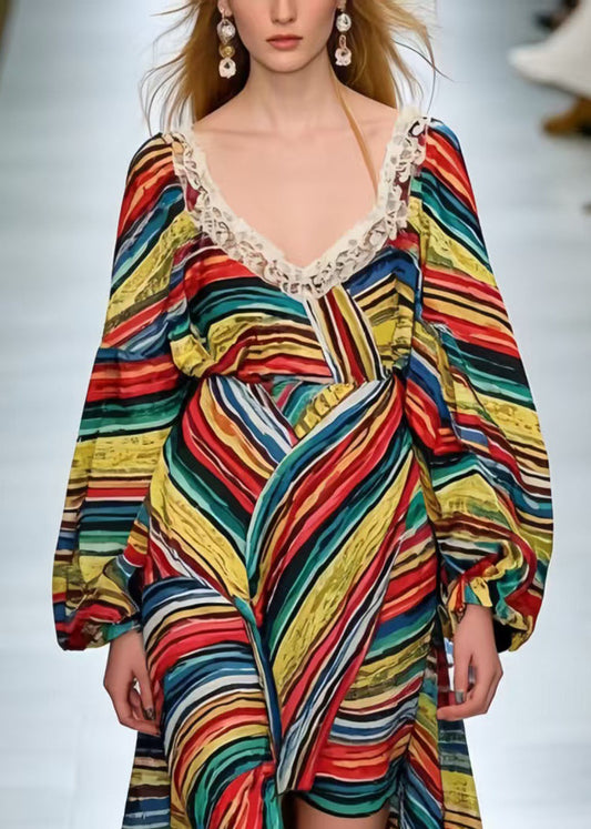 Italian Polychrome Asymmetrical Striped Chiffon Robe Dresses Spring