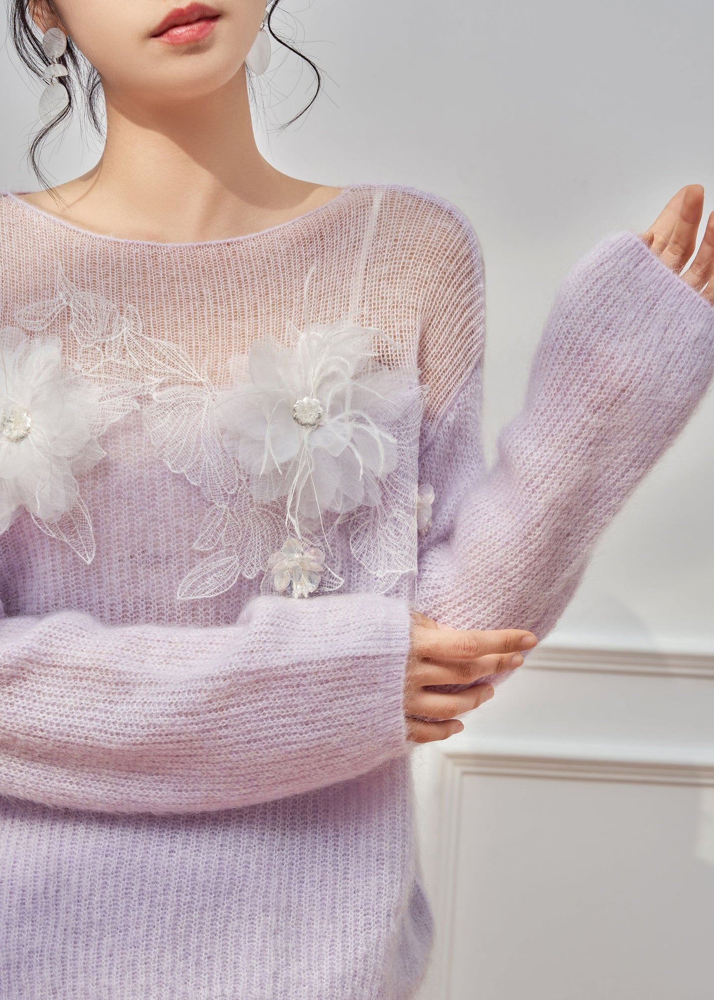 Italian Purple Hollow Out Floral Patchwork Knit Sweater Spring