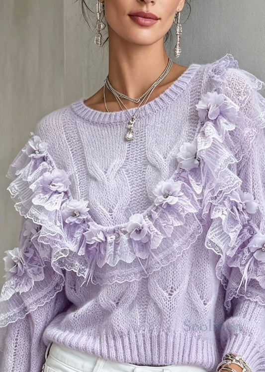 Italian Purple Lace Ruffled Patchwork Knit Sweater Tops Fall