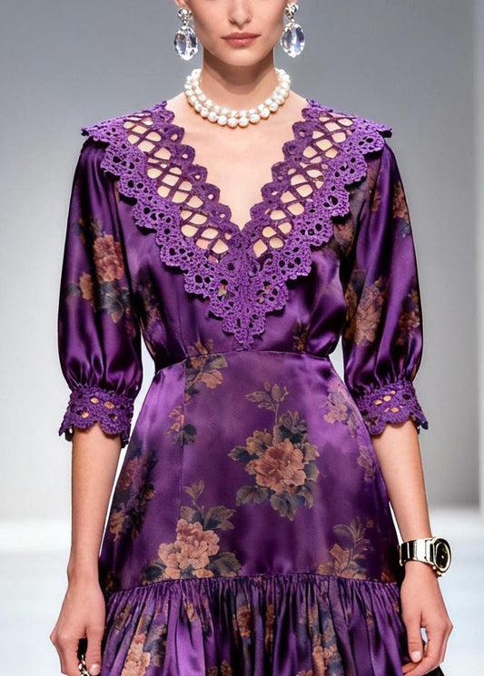 Italian Purple Print Lace Patchwork Silk Long Dress Summer