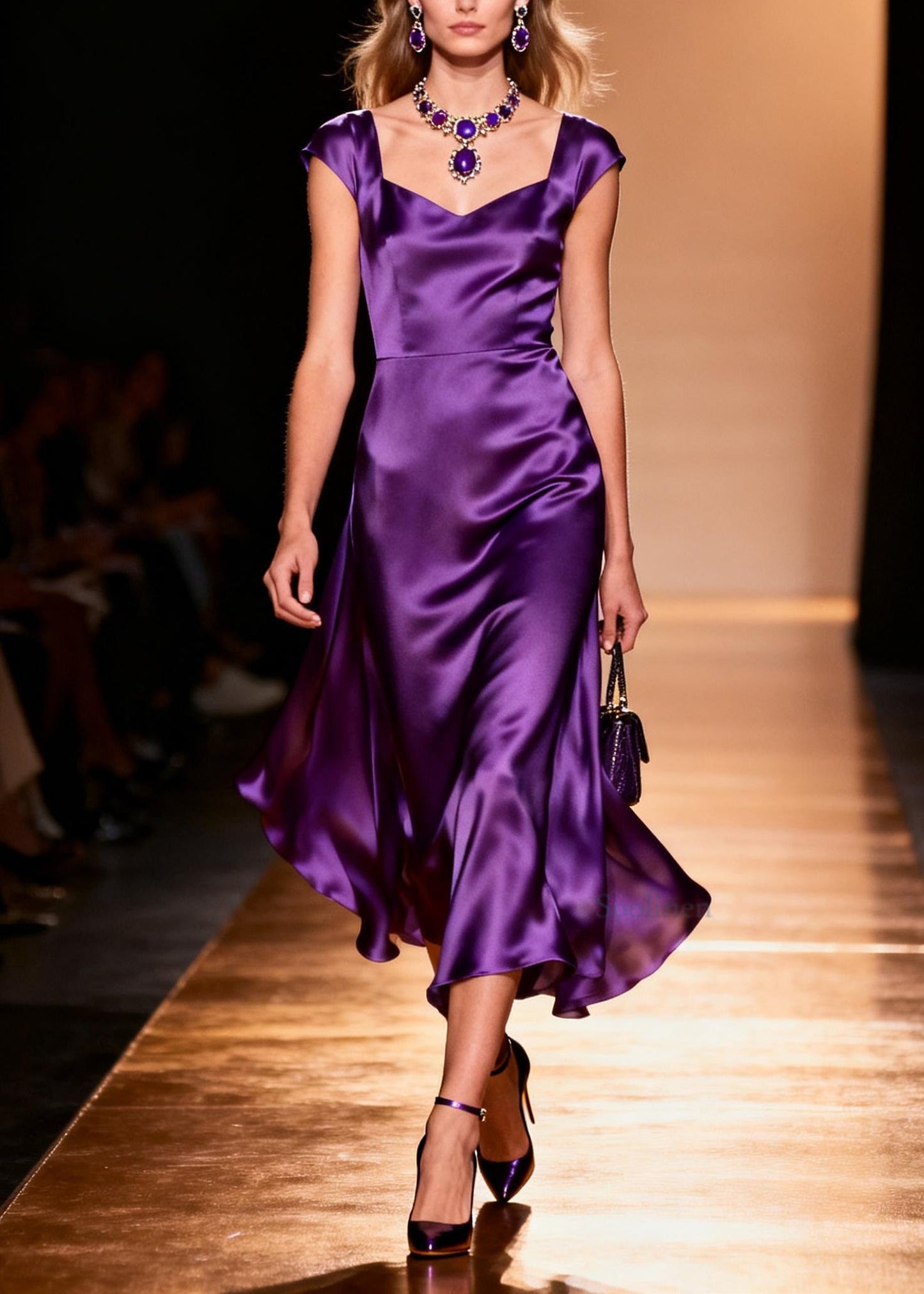 Italian Purple Square Collar Patchwork Silk Long Dresses Summer