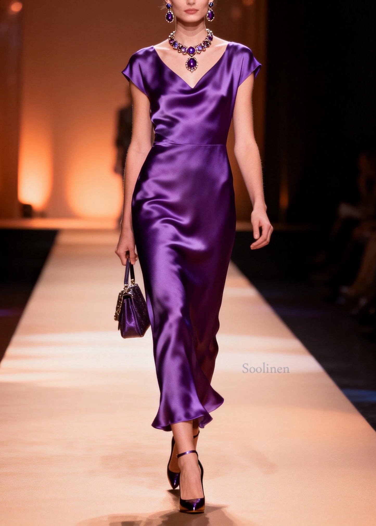 Italian Purple V Neck Silk Long Dress Summer