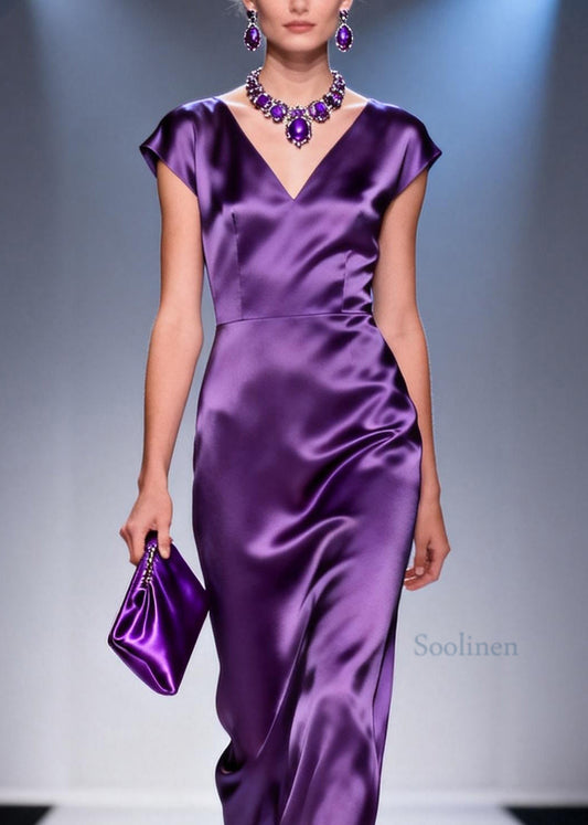 Italian Purple V Neck Silk Maxi Dresses Summer
