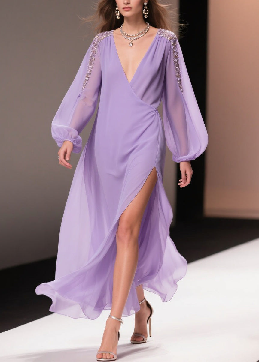 Italian Purple Wrinkled Side Open Solid Chiffon Long Dresses Spring