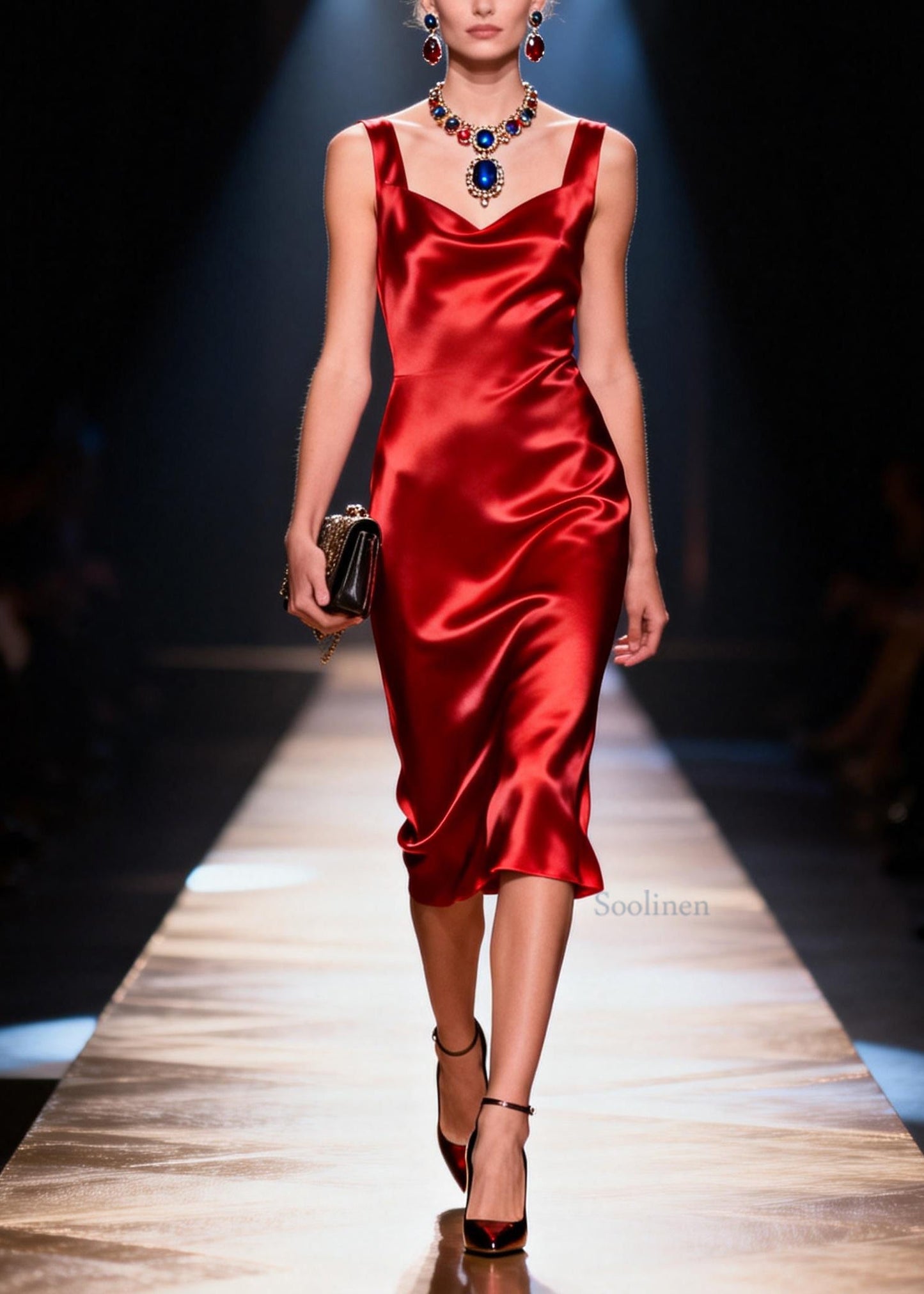 Italian Red Draping Neckline Silk Dress Sleeveless