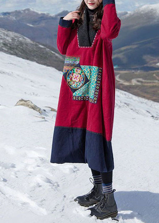 Italienisches rotes besticktes Patchwork-Teddy-Kunstpelzkleid mit feiner Baumwollfüllung für den Winter