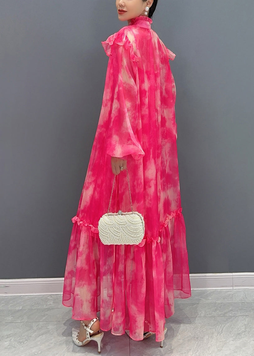 Italian Red V Neck Print Long Dress Lantern Sleeve