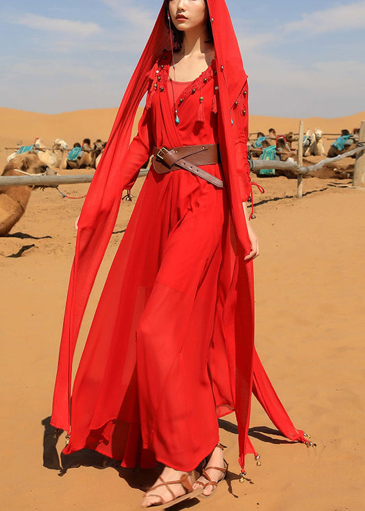 Italian Red V Neck Tasseled Nail Bead Chiffon Maxi Dress Fall