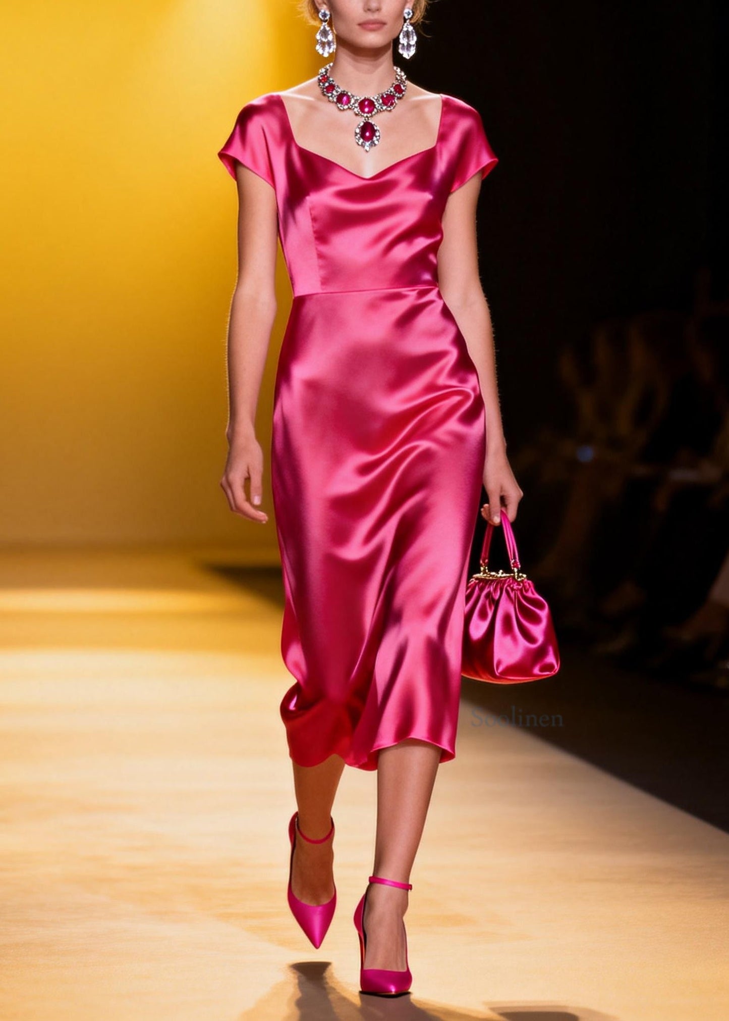 Italian Rose V Neck Patchwork Draping Silk Dresses Summer