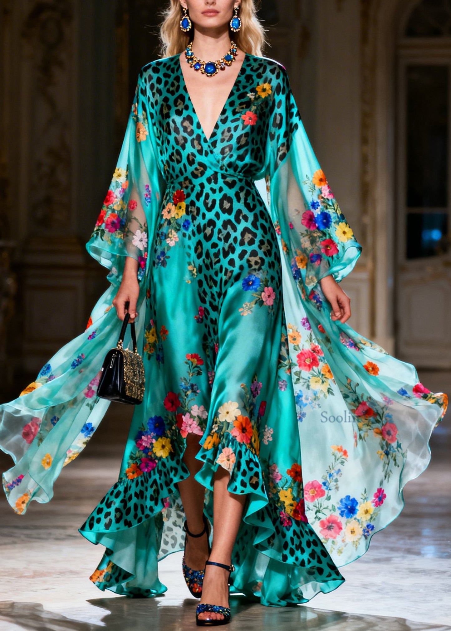 Italian Ruffled Asymmetrical Design Print Silk Ankle Dress Summer