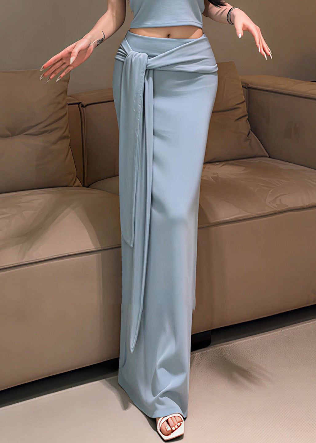 Italian Sky Blue Wraped Cotton Straight Skirts Spring