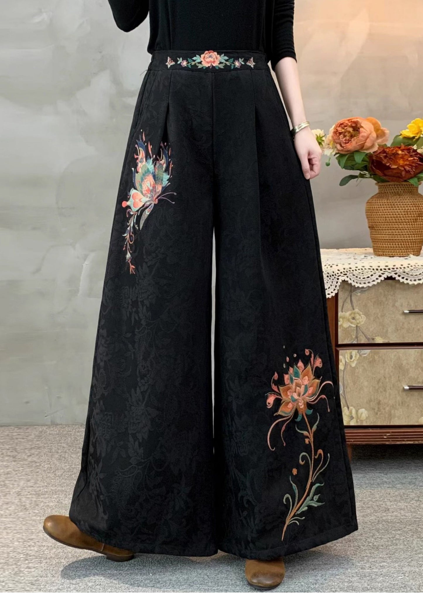 Italienische teegrüne, bestickte Jacquard-Fleecehose mit weitem Bein, warm, warm, Winter