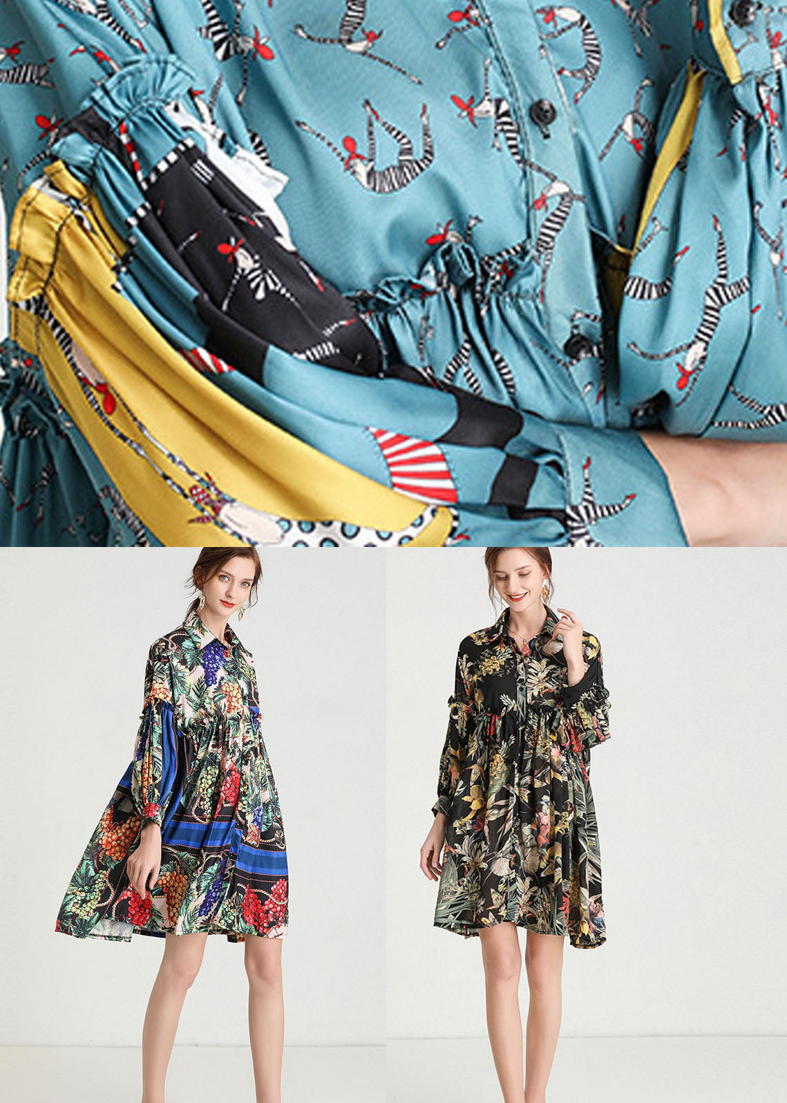 Italienische Tropical Zone Amorous Feelings Lose Retro Herbst Chiffon Maxi Kleider Langarm