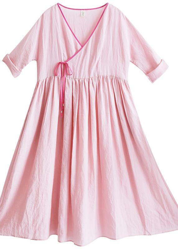 Italian V Neck Half Sleeve Summer Clothes Outfits Pink Vestidos De Lino Dress - SooLinen