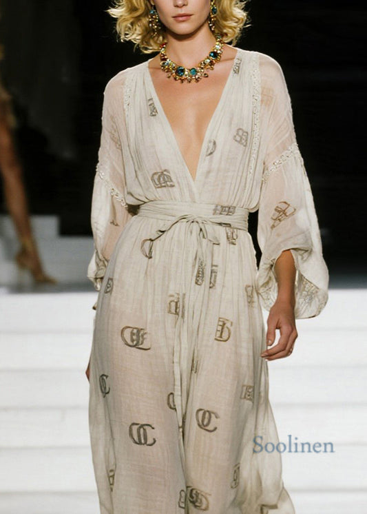 Italienische Baumwollkleider mit V-Ausschnitt, Print und Schnürung für den Frühling