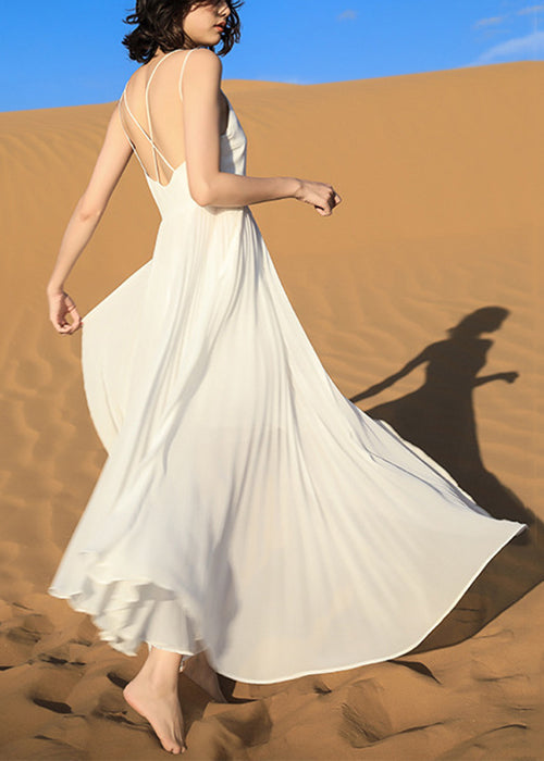 Italian White Backless Wrinkled Chiffon Spaghetti Strap Dress Sleeveless