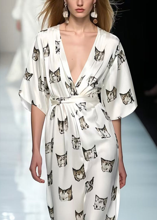 Italian White Cinched Print Silk Party Dress Summer