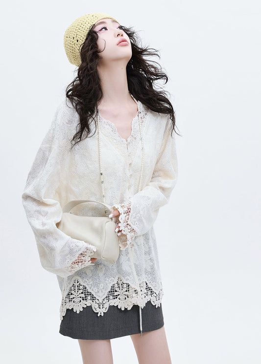Italian White Jacquard Patchwork Lace Shirts Spring