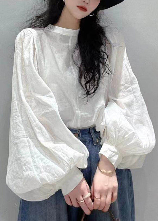 Italian White O-Neck Cotton Blouse Top Lantern Sleev