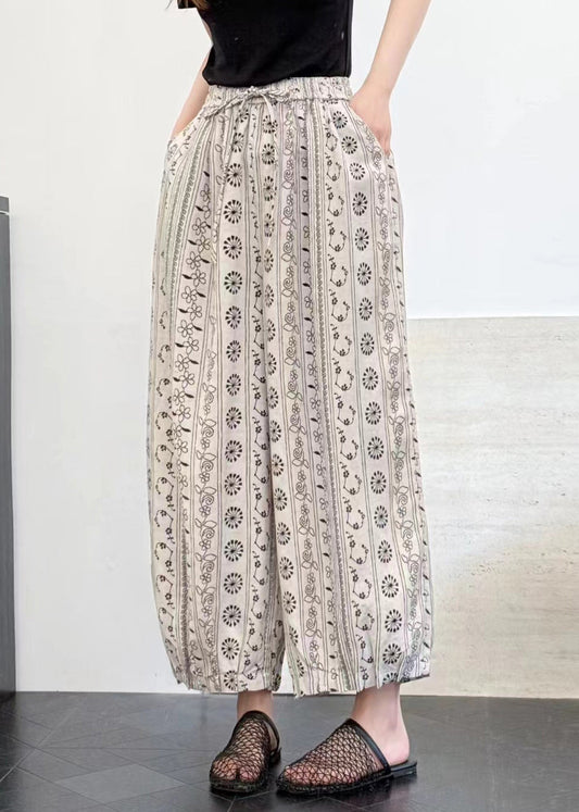 Italian White Oversized Print Linen Crop Pants Summer