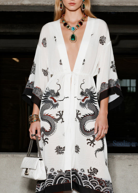 Italian White V Neck Oriental Print Chiffon Cardigan Summer