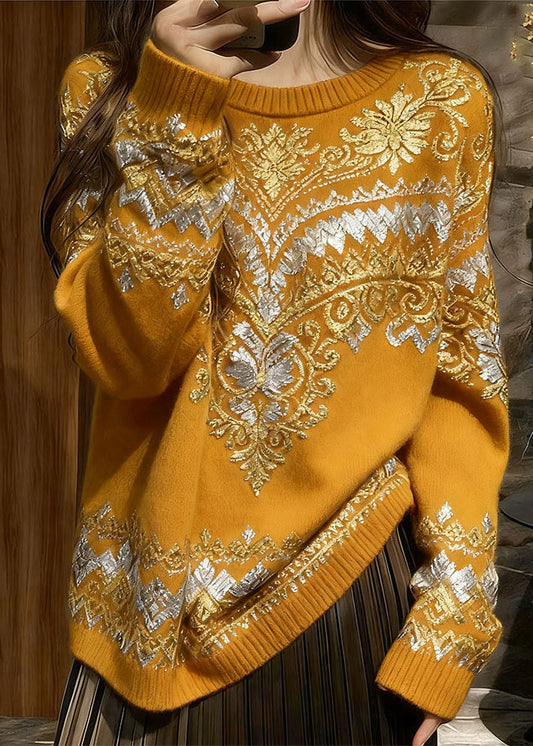 Italian Yellow O Neck Print Cozy Knit Sweater Tops Spring