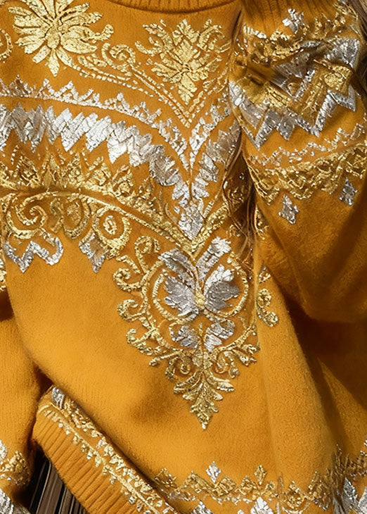 Italian Yellow O Neck Print Cozy Knit Sweater Tops Spring