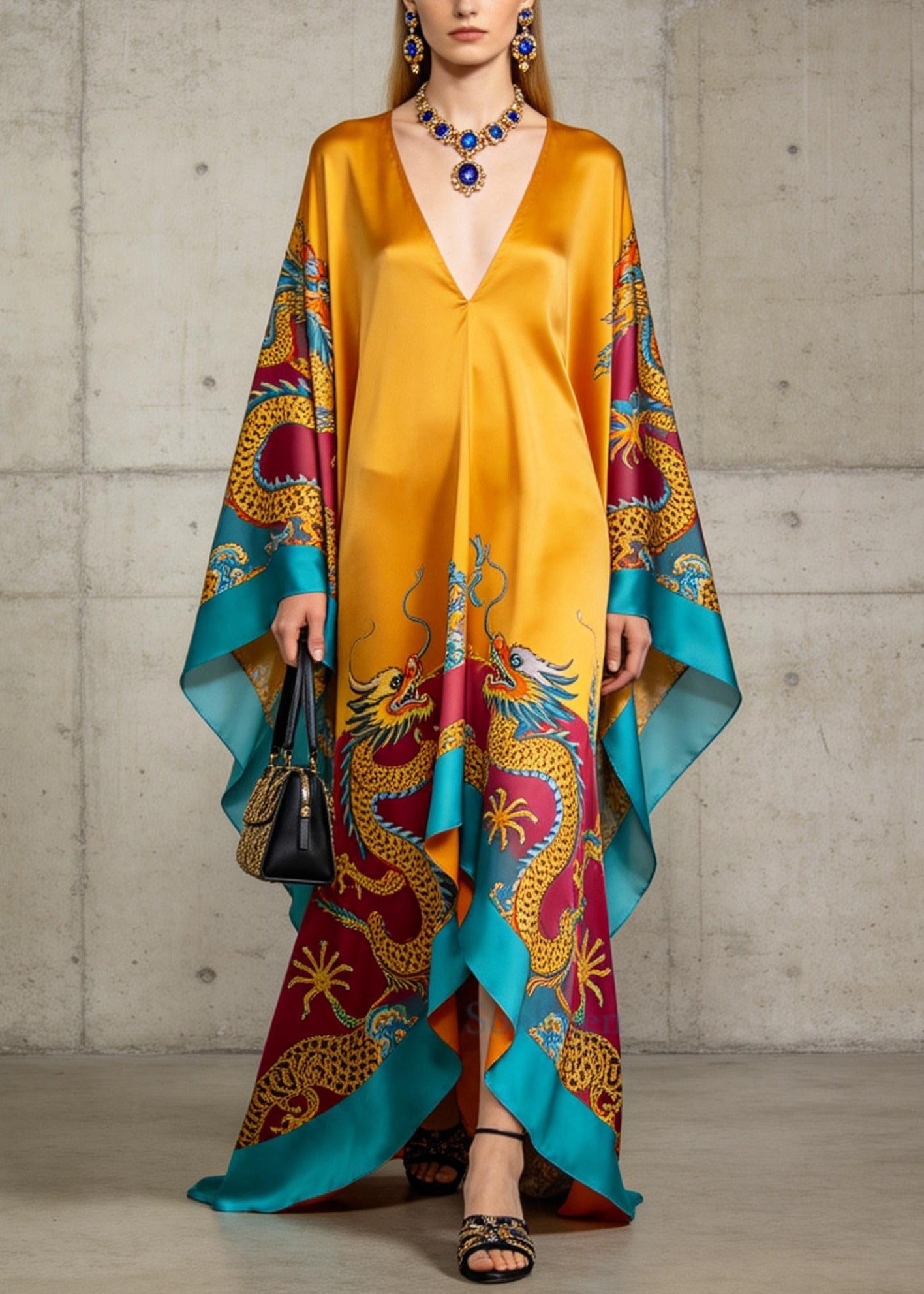 Italian Yellow Oversized Print Chiffon Maxi Dresses Batwing Sleeve