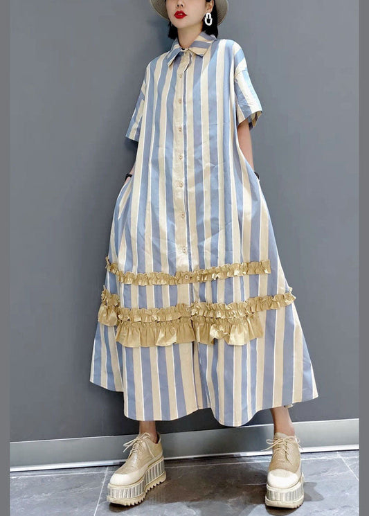 Italienische Gelb Rüschen Peter Pan Kragen taste Gestreiften hemd Kleider Kurzarm