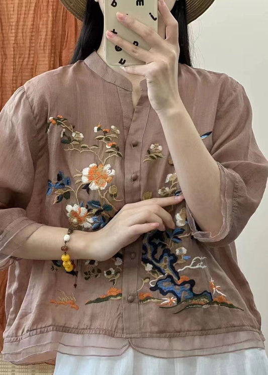 Italienische Gelb Stehkragen Bestickte Knopf Patchwork Leinen Blusen Sommer