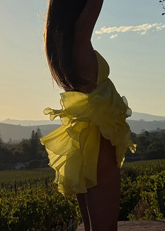 Italian Yellow V Neck Patchwork Backless Mid Spaghetti Strap Dress Summer