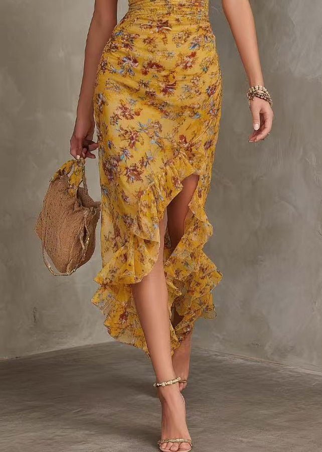 Italian Yellow V Neck Side Open Print Chiffon Long Dress Summer