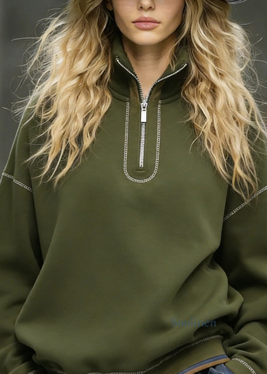 Italian Zip Up Patchwork Cotton Sweatshirts Top Spring