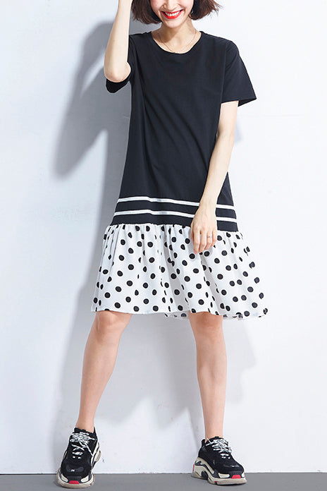 Italienische schwarze Baumwoll-Steppkleider 2019 Hemden Patchwork O-Ausschnitt lockeres Sommerkleid