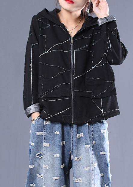 Italian black Fine outwear design hooded zippered coat - SooLinen