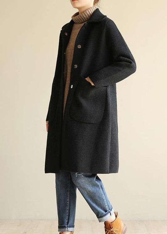 Italian black Plus Size outfit Cotton Notched collar two pockets coat - SooLinen
