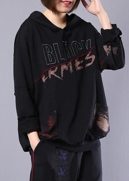 Italian black alphabet prints cotton clothes For Women patchwork hooded cotton autumn blouses - SooLinen