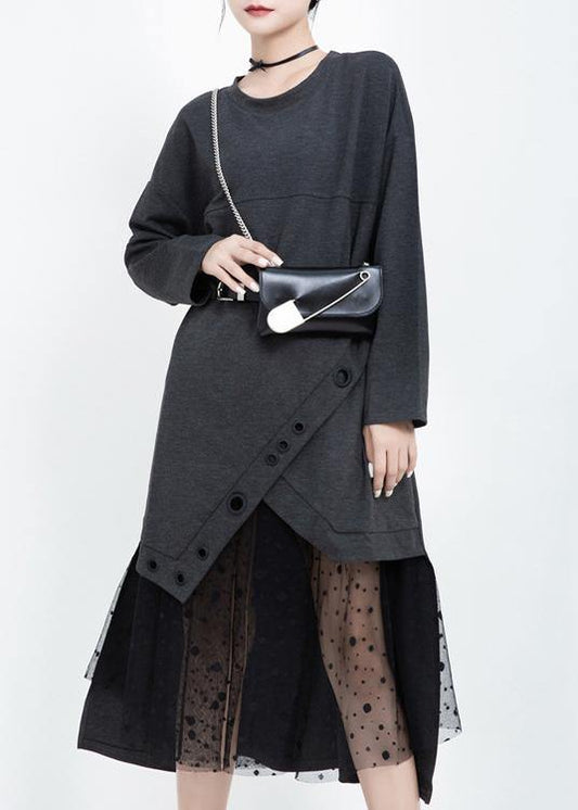 Italian black cotton dresses patchwork tulle long fall Dress - SooLinen