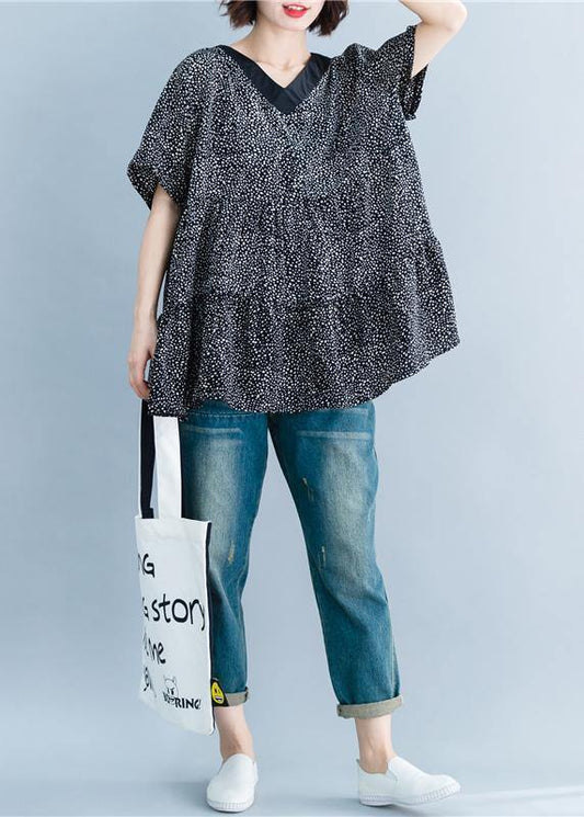 Italian black dotted Blouse v neck Art summer shirt - SooLinen