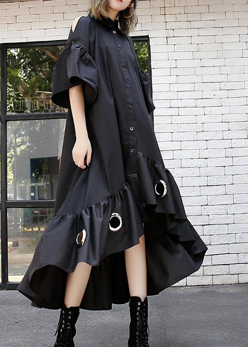 Italian black hollow out cotton quilting dresses asymmetric hem Traveling summer patchwork Dress - SooLinen