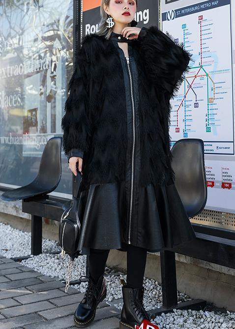 Italian black patchwork PU fine Coats Women pattern stand collar tassel fall coats - SooLinen