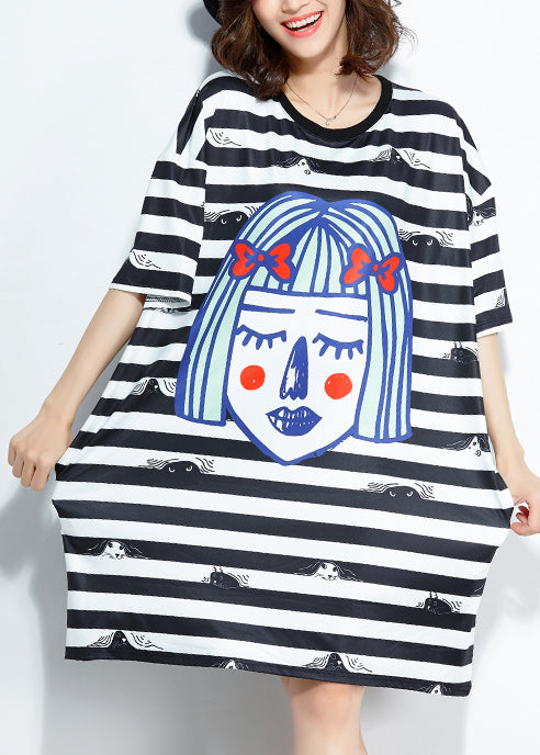 Italienische schwarz-weiß gestreifte Seidenmischung Kleidung Bio-Outfits O-Ausschnitt Baggy kurzes Sommerkleid